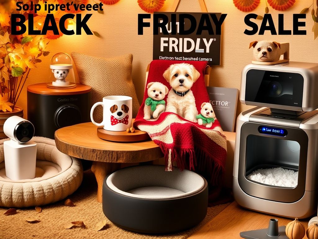 Flick International Cozy pet product display featuring a custom pet portrait mug, vibrant blanket, modern treat-dispensing camera, stylish dog bed, and innovative litter box.