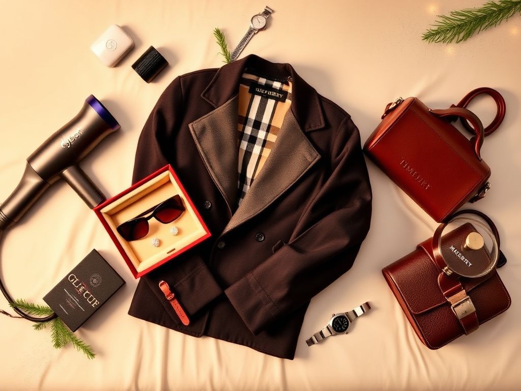 Flick International Luxurious flat lay of Black Friday products including Dyson hair dryer, Gucci sunglasses, and Le Creuset cookware