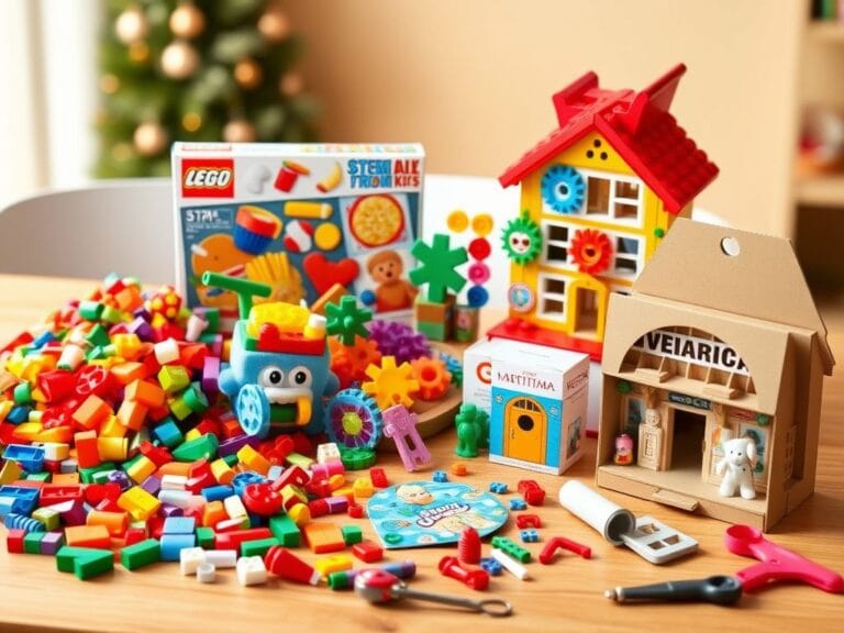 Flick International A colorful tabletop scene featuring a variety of popular toys, including a Lego set, plush snack characters, a STEM kit, a gingerbread house kit, and a veterinarian's playset.
