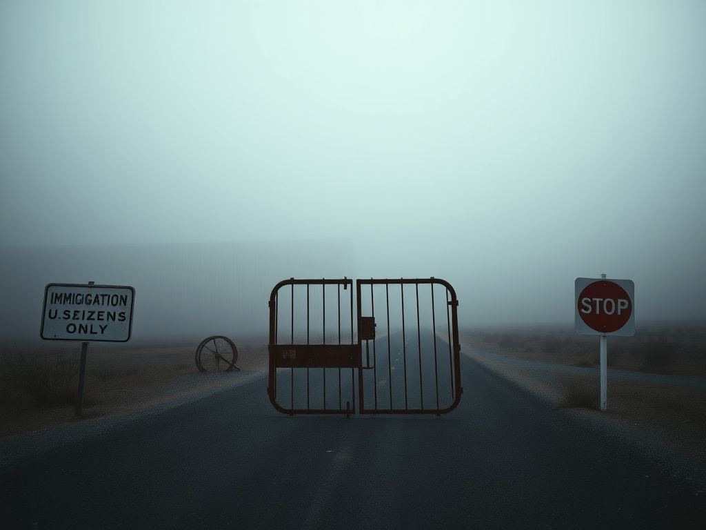 Flick International Empty American border crossing with a dark barrier wall and damaged road signs