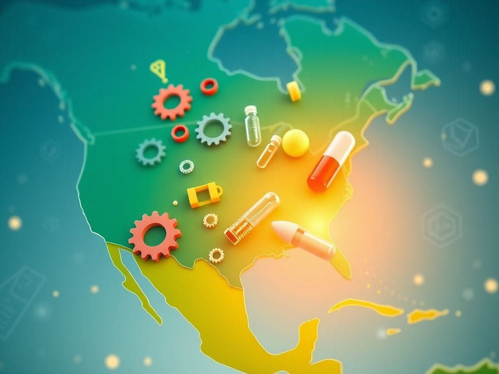 Flick International Close-up of a stylized map of North America with highlighted borders of the U.S., Mexico, and Canada