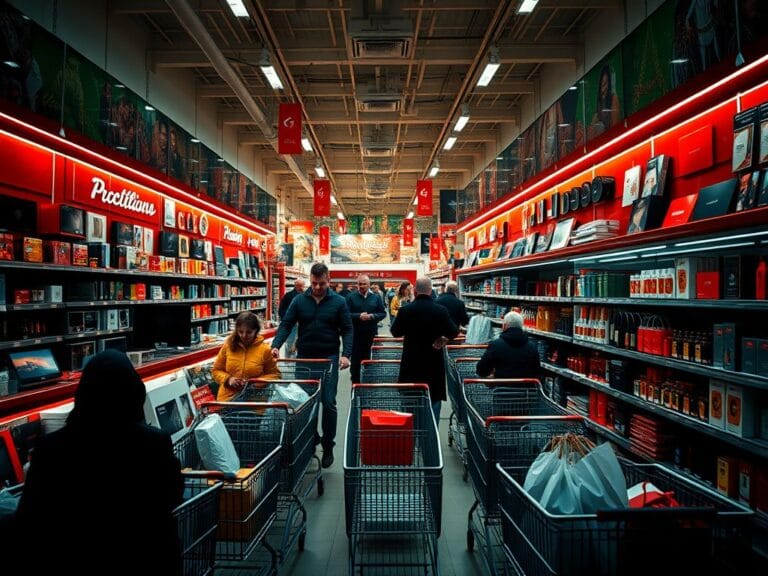 Flick International A chaotic retail scene during Black Friday showcasing high-value merchandise and security measures.