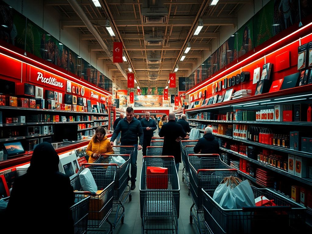 Flick International A chaotic retail scene during Black Friday showcasing high-value merchandise and security measures.