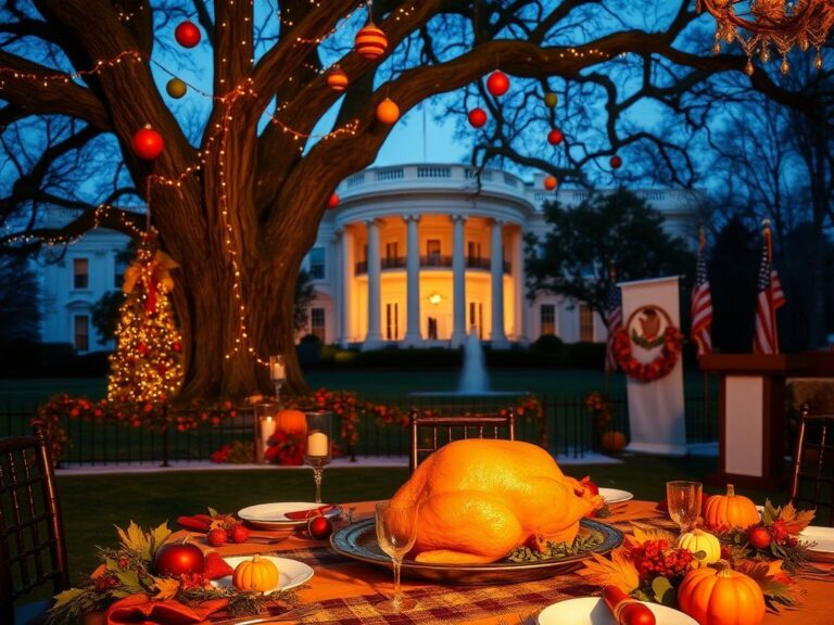 Flick International Outdoor Thanksgiving scene at the White House with a beautifully set table and a large oak tree decorated for the holidays
