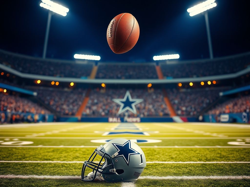 Flick International Dallas Cowboys football hovering mid-air over illuminated stadium during a night game