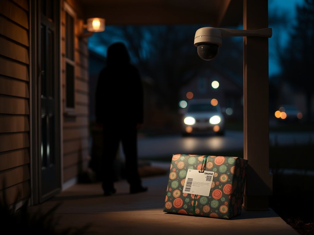 Flick International A shadowy figure lurking near a porch with a package at dusk, representing the risk of package theft.