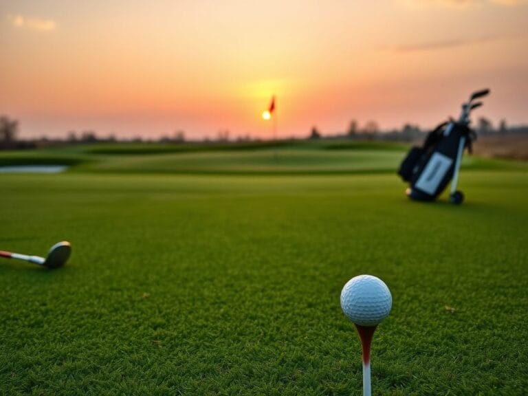 Flick International A pristine golf course at dawn with an abandoned tee and a white golf ball, symbolizing a challenge.