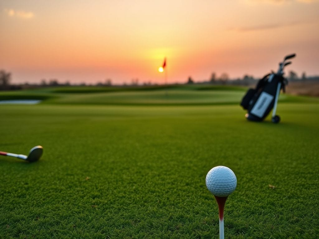 Flick International A pristine golf course at dawn with an abandoned tee and a white golf ball, symbolizing a challenge.