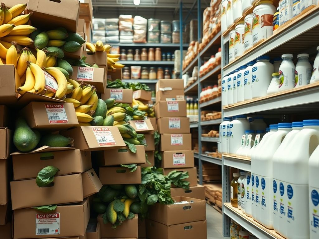 Flick International A cluttered warehouse store aisle filled with bulk grocery items, showcasing wilting produce and large containers of dairy products.