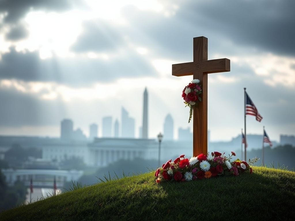 Flick International Wooden cross adorned with flowers on a grassy knoll symbolizing remembrance for fallen National Guard member Sarah Beckstrom