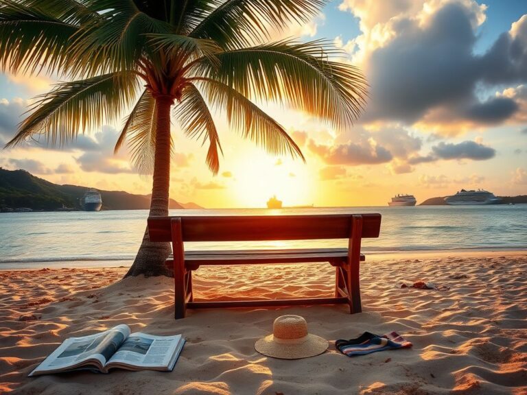 Flick International A serene Caribbean beach scene at sunset, featuring an empty wooden bench under a palm tree.