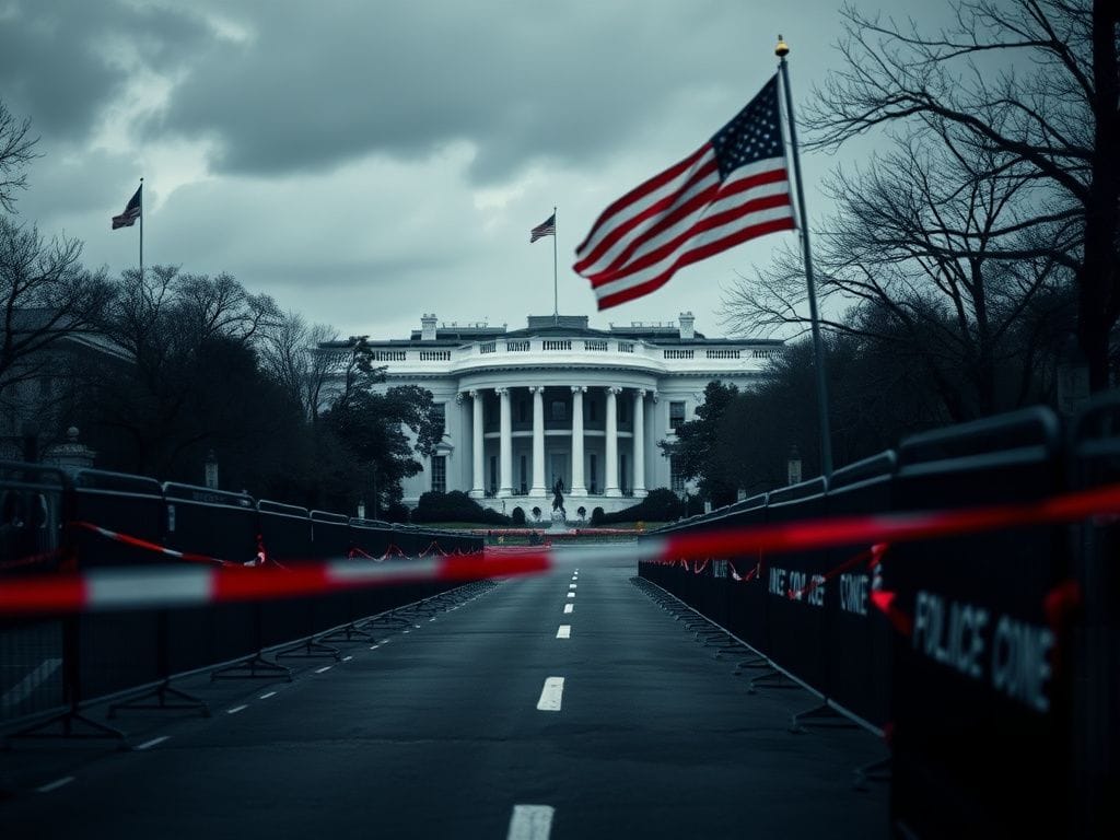 Flick International somber urban scene in Washington D.C. with police barricades and the White House in the background