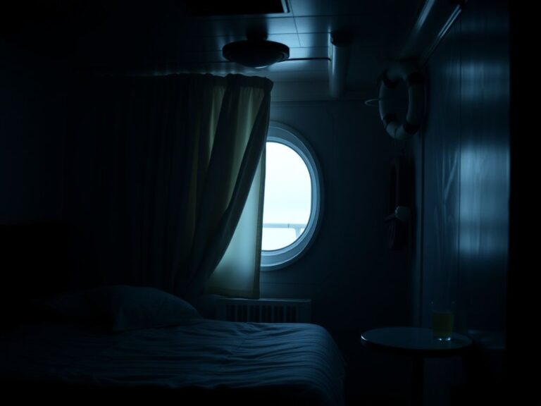 Flick International Dark, moody interior of a cruise ship cabin reflecting sadness and mystery