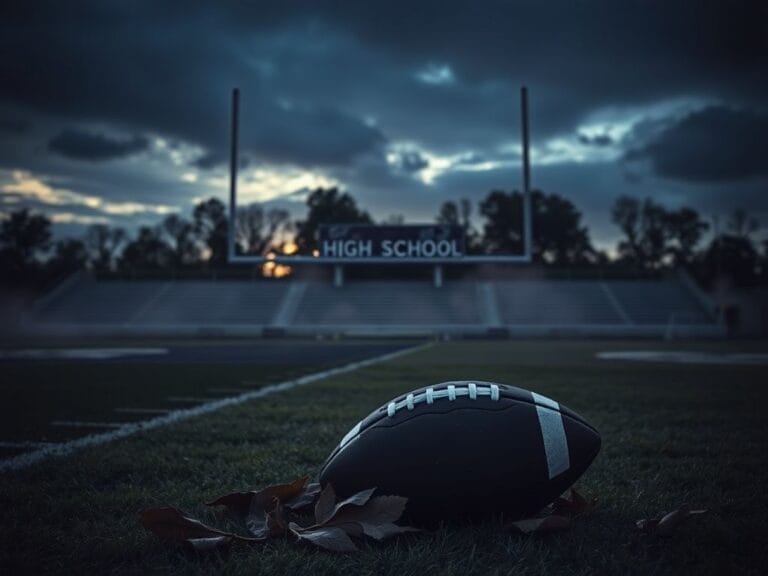 Flick International A dark, moody high school football field at dusk with an abandoned football and empty bleachers.