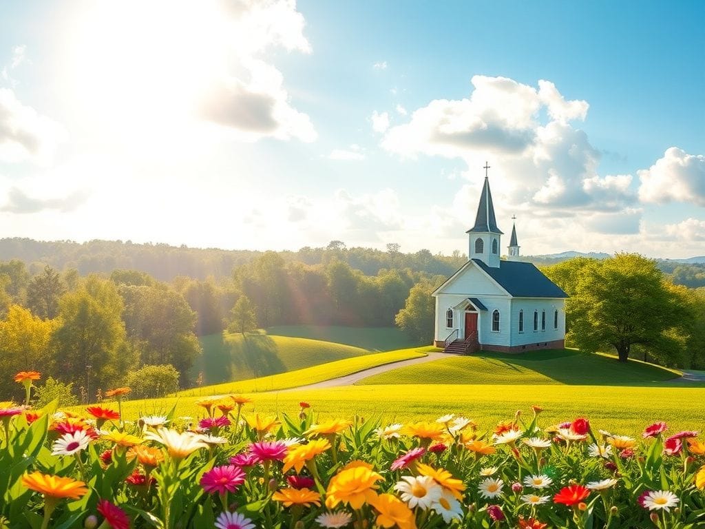 Flick International Serene landscape in North Carolina with a church, vibrant garden, and musical notes symbolizing the gospel song 'Sow Mercy'.