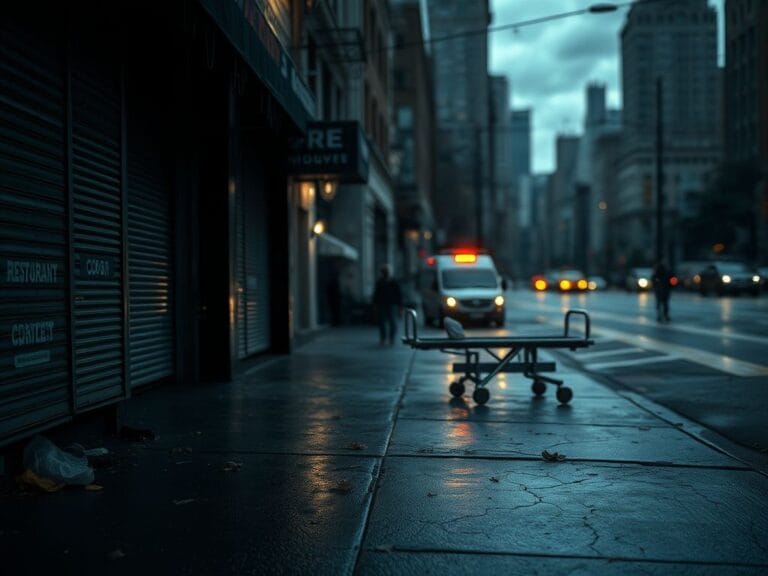 Flick International A dimly lit, rain-soaked New York City street scene depicting a cracked sidewalk and ambulance, symbolizing urgency and health issues.