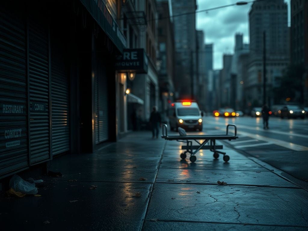 Flick International A dimly lit, rain-soaked New York City street scene depicting a cracked sidewalk and ambulance, symbolizing urgency and health issues.