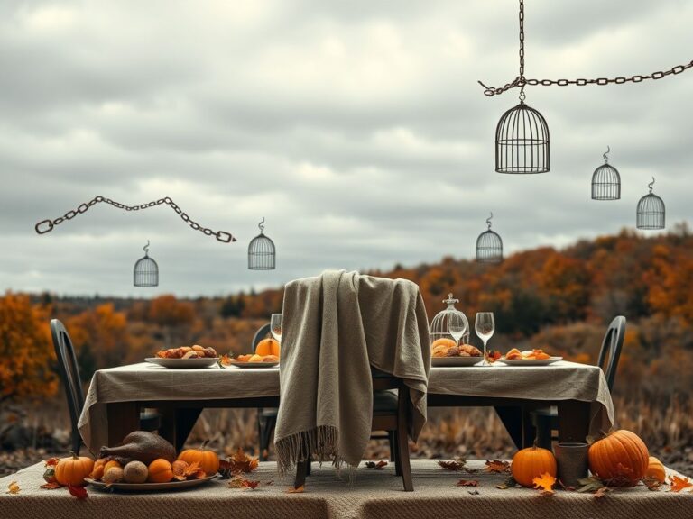 Flick International A somber Thanksgiving dinner table with empty chairs symbolizing lost loved ones and themes of mass incarceration.