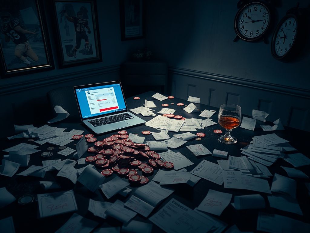 Flick International Chaotic scene depicting financial distress with gambling elements related to Arthur Kaliyev's scandal