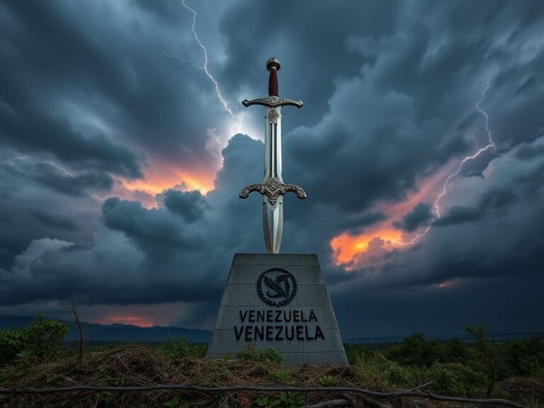 Flick International Sword raised against a stormy sky symbolizing defiance and resilience