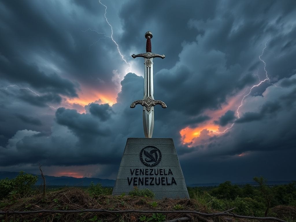 Flick International Sword raised against a stormy sky symbolizing defiance and resilience