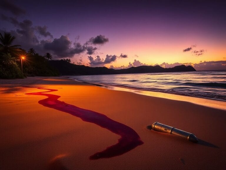 Flick International Twilight beach scene in Castara, Tobago with violent undertones represented by a dark crimson streak on the sand.