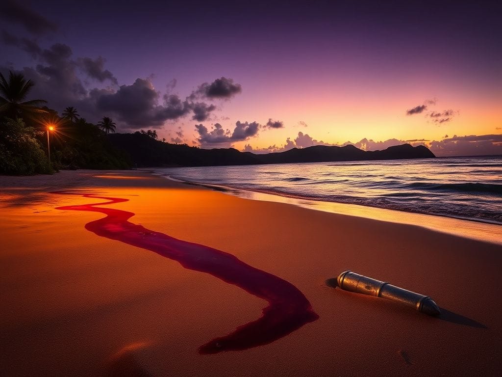 Flick International Twilight beach scene in Castara, Tobago with violent undertones represented by a dark crimson streak on the sand.