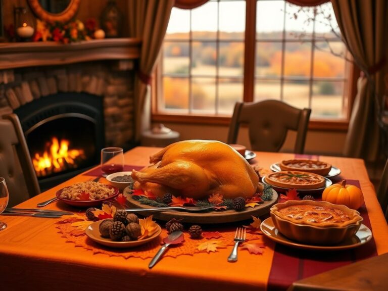 Flick International Cozy Thanksgiving scene with a beautifully set wooden dining table featuring traditional dishes