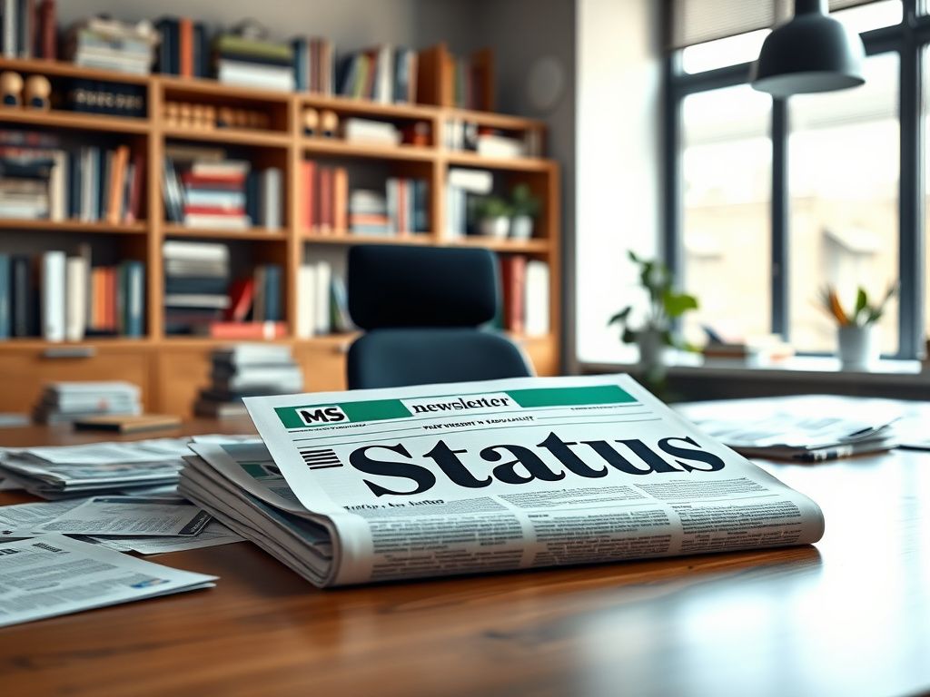 Flick International A modern newspaper office environment with scattered newsletters and an open 'Status' page on a wooden desk