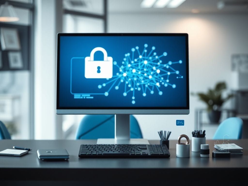 Flick International A modern office workspace showcasing a computer with a neural network diagram and email inbox background