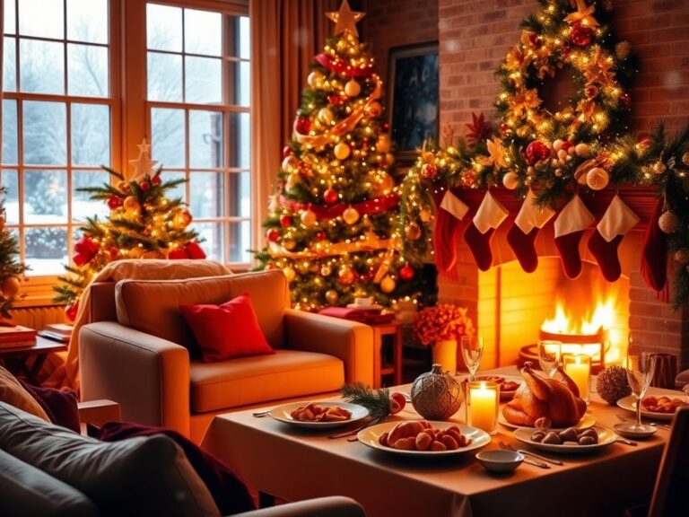 Flick International Cozy living room decorated for Christmas with a beautiful tree and holiday decorations