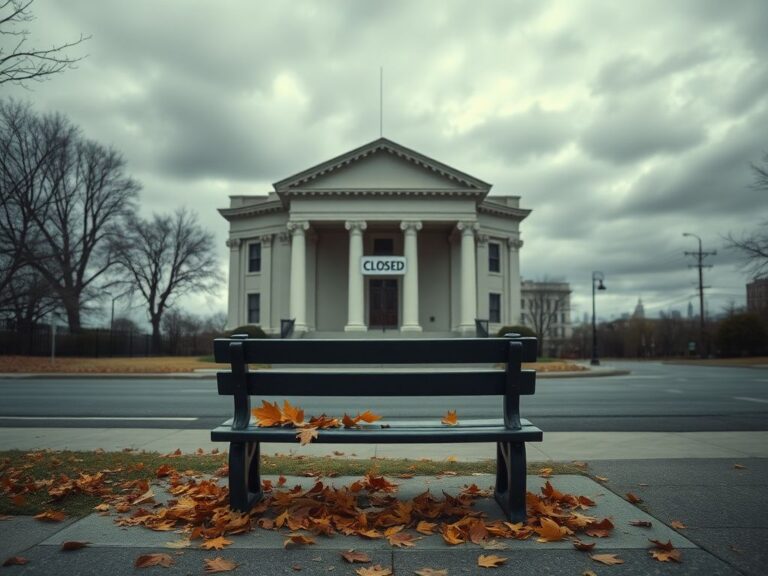 Flick International A somber government building with a 'Closed' sign and autumn leaves scattered on a park bench