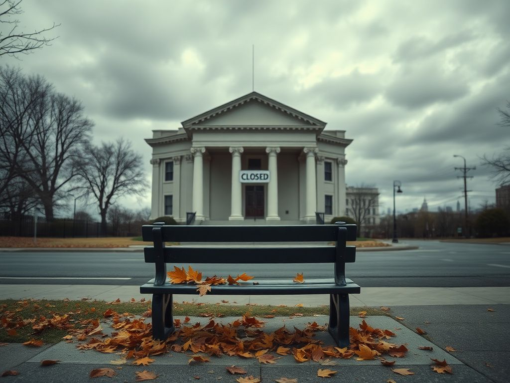 Flick International A somber government building with a 'Closed' sign and autumn leaves scattered on a park bench