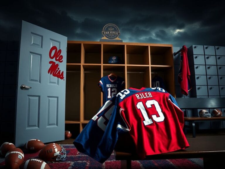 Flick International A dramatic scene depicting the theft of Ole Miss jerseys with an open locker room door and an atmospheric rivalry setting.
