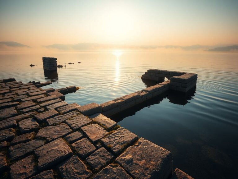 Flick International Serene lakeside scene at Lake Iznik, Turkey, featuring ancient ruins of the Basilica of Saint Neophytos partially submerged in water.