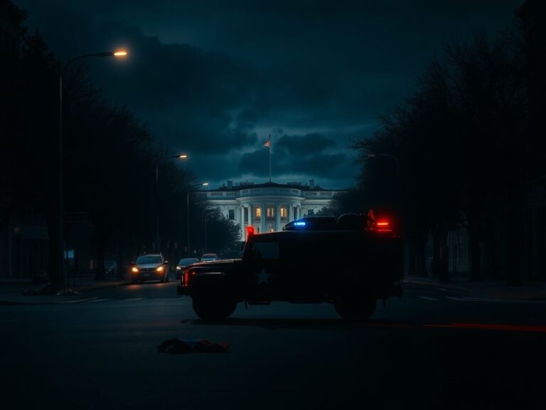 Flick International Darkened city street in Washington, D.C. with a National Guard vehicle and scattered belongings