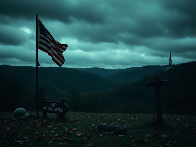 Flick International A somber landscape in Charleston, West Virginia, featuring a tattered American flag by fallen leaves and military gear.