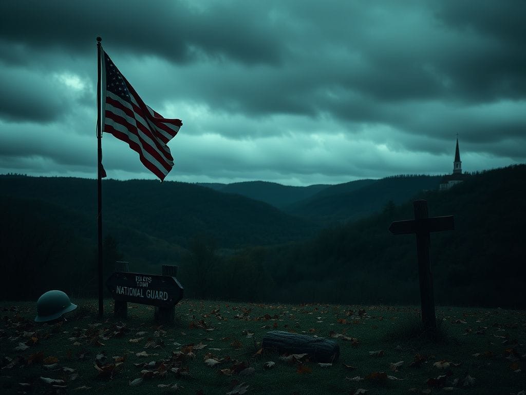 Flick International A somber landscape in Charleston, West Virginia, featuring a tattered American flag by fallen leaves and military gear.