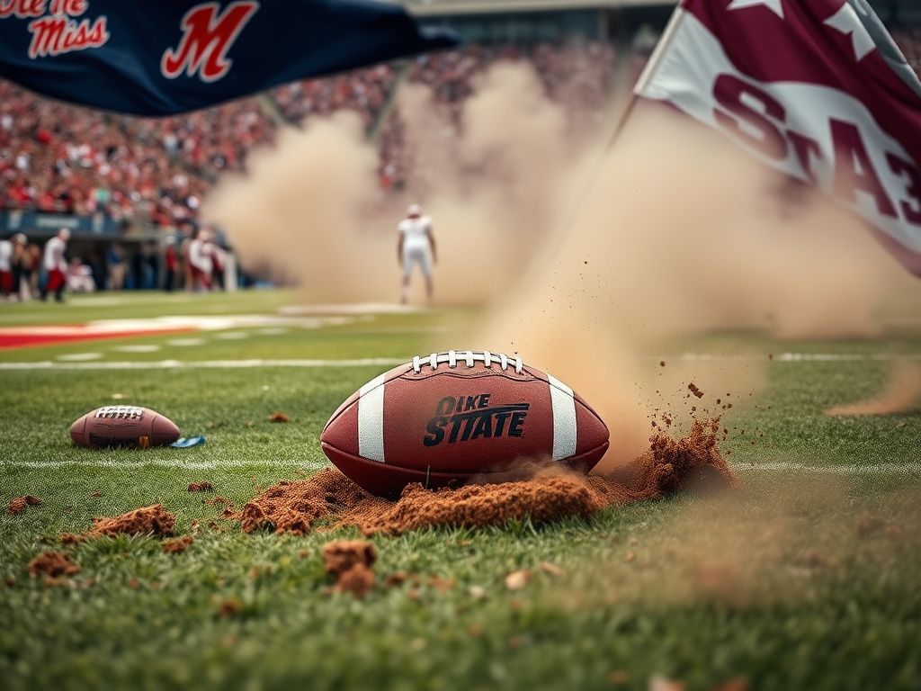 Flick International Close-up of a football lying on the ground amidst dirt and grass during a competitive Egg Bowl rivalry game.