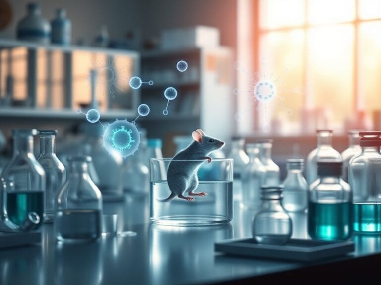 Flick International Laboratory setting depicting a mouse and representations of insulin-producing cells in a research environment