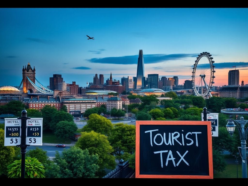 Flick International Panoramic view of the London skyline at twilight showcasing landmarks including Tower Bridge, the Shard, and the London Eye.