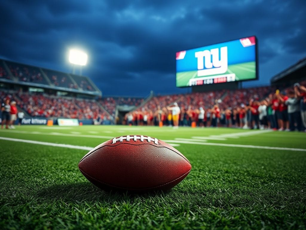 Flick International Empty football field under bright stadium lights with a football on the green turf