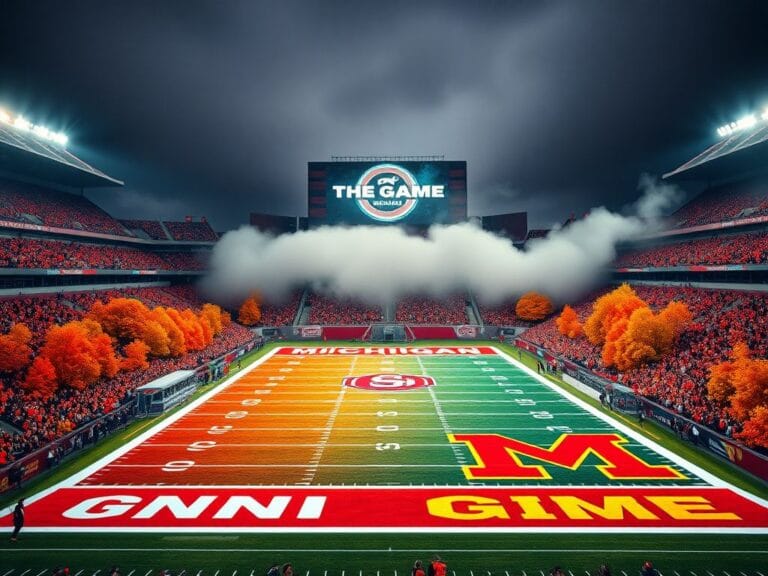 Flick International A dramatic view of Michigan Stadium during autumn, showcasing Ohio State and Michigan team colors.