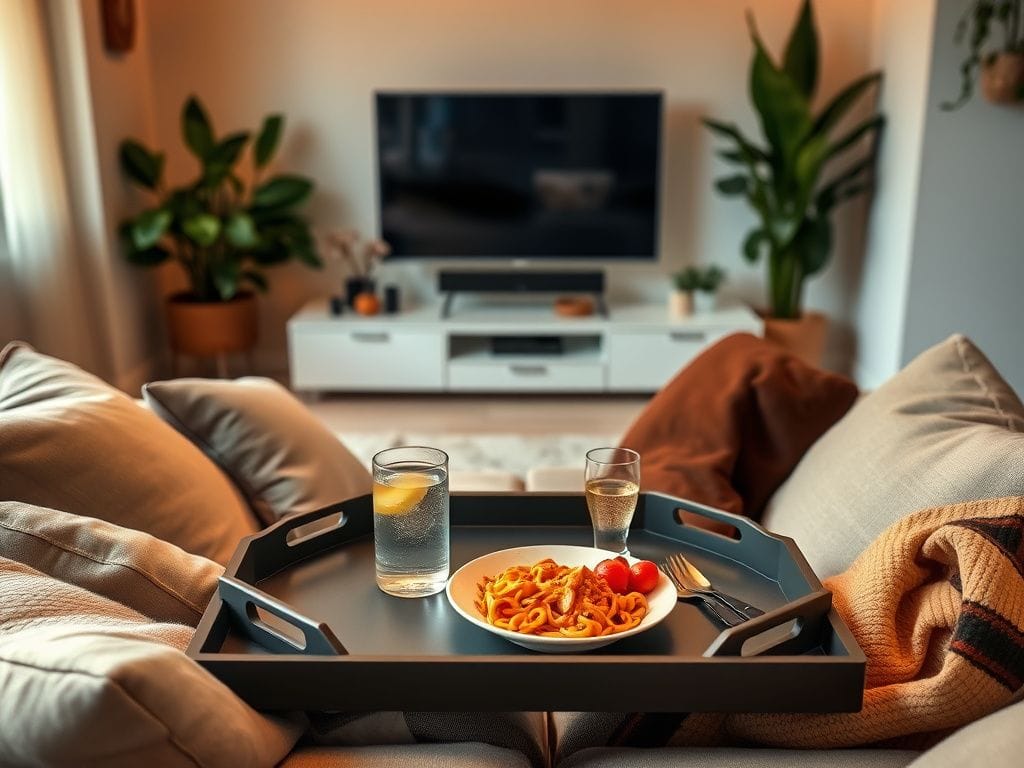 Flick International Cozy living room with modern TV tray featuring a bowl of pasta, a glass of sparkling water, and fresh fruit.