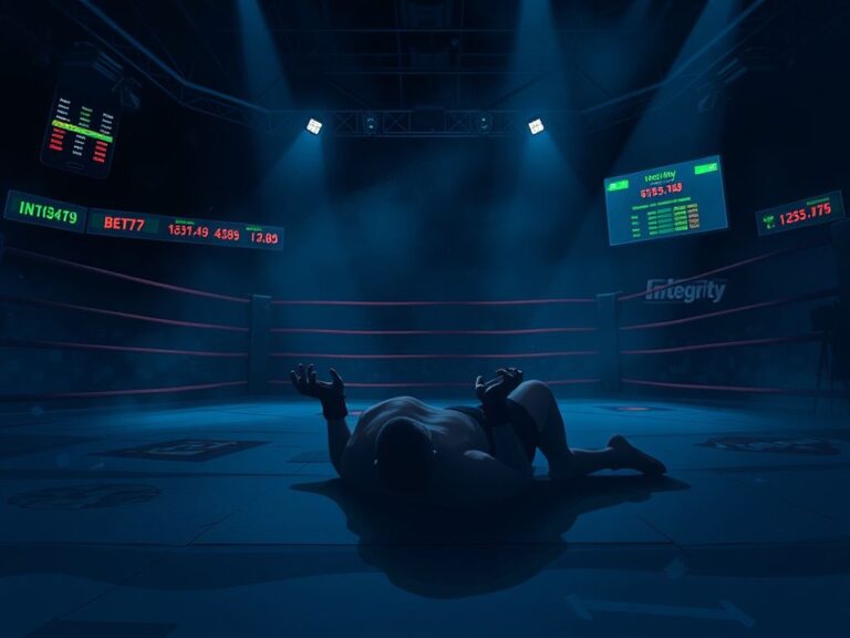 Flick International Dimly lit MMA octagon with a shadowy outline of a fighter submitting, surrounded by betting visuals