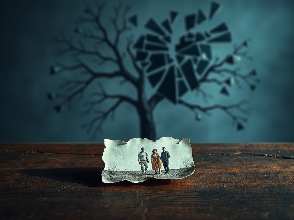 Flick International A broken family tree with fragmented branches symbolizing estrangement and disconnection