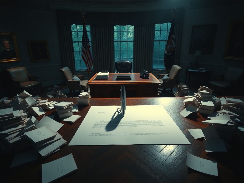 Flick International Dramatic view of the Oval Office with an autopen device and crumpled documents