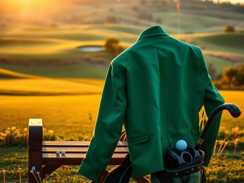 Flick International Iconic Masters green jacket draped on a wooden bench with a lush golf course in the background during golden hour
