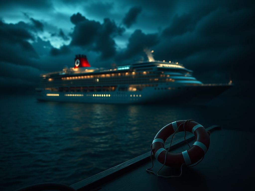 Flick International Dark and moody scene of a Carnival cruise ship at night with eerie lights and a floating life jacket.