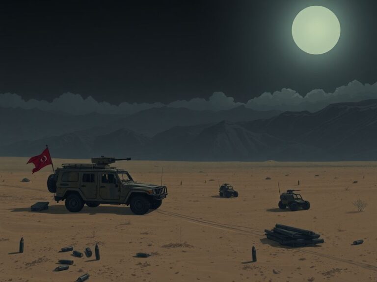 Flick International An abandoned charred military vehicle in the Beit Jann area of southern Syria under a dimly lit sky